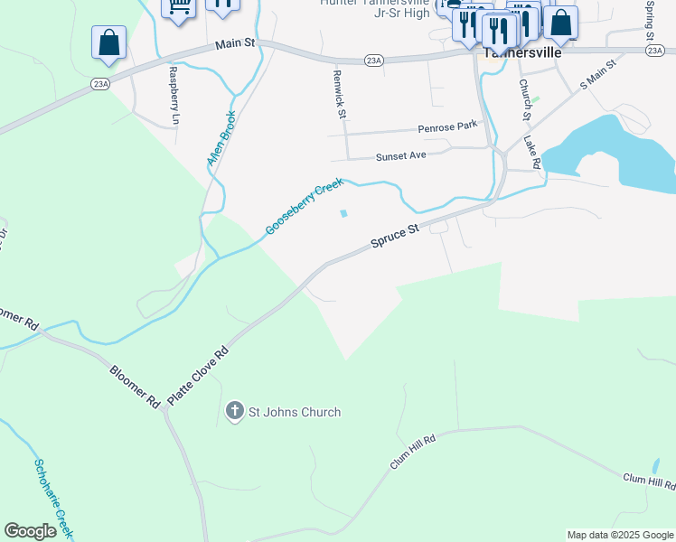map of restaurants, bars, coffee shops, grocery stores, and more near 155 Spruce Street in Tannersville