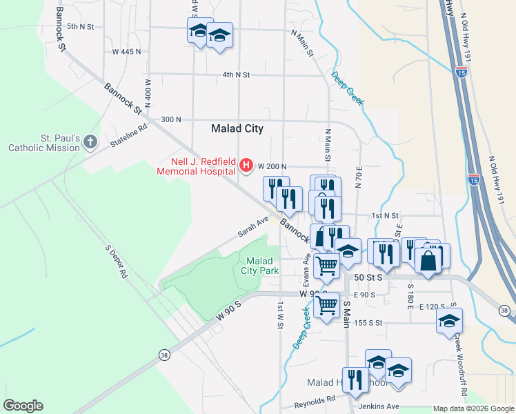 map of restaurants, bars, coffee shops, grocery stores, and more near 137 Bannock Street in Malad City