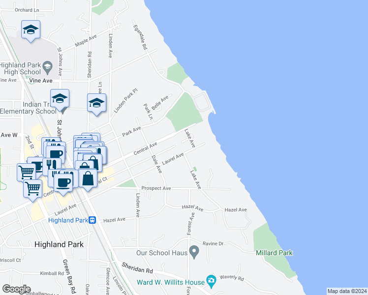 map of restaurants, bars, coffee shops, grocery stores, and more near 133 Laurel Avenue in Highland Park