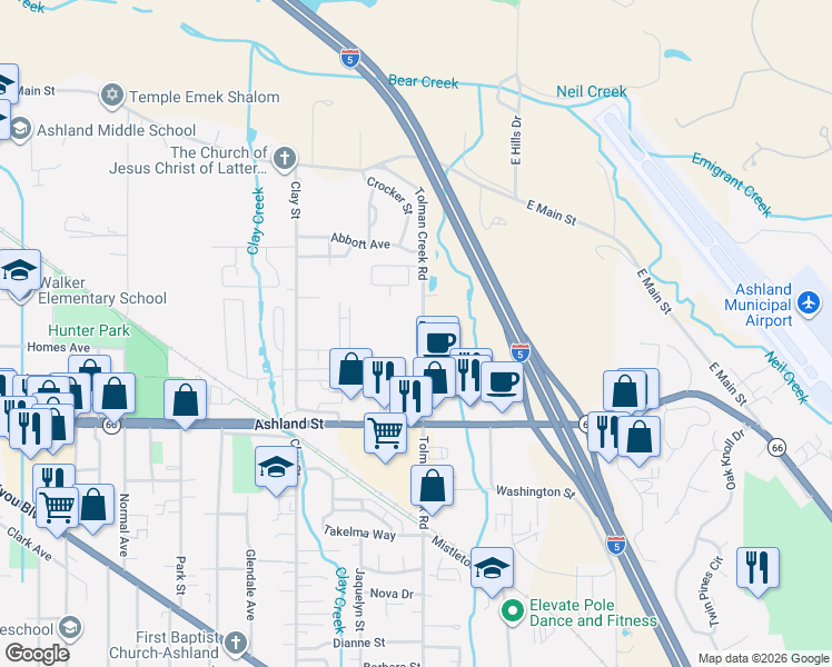 map of restaurants, bars, coffee shops, grocery stores, and more near 350 Tolman Creek Road in Ashland