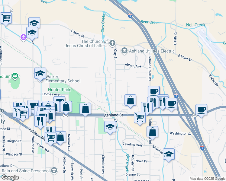 map of restaurants, bars, coffee shops, grocery stores, and more near 321 Clay Street in Ashland