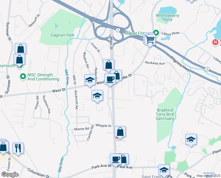 map of restaurants, bars, coffee shops, grocery stores, and more near 541 Main Street in Weymouth