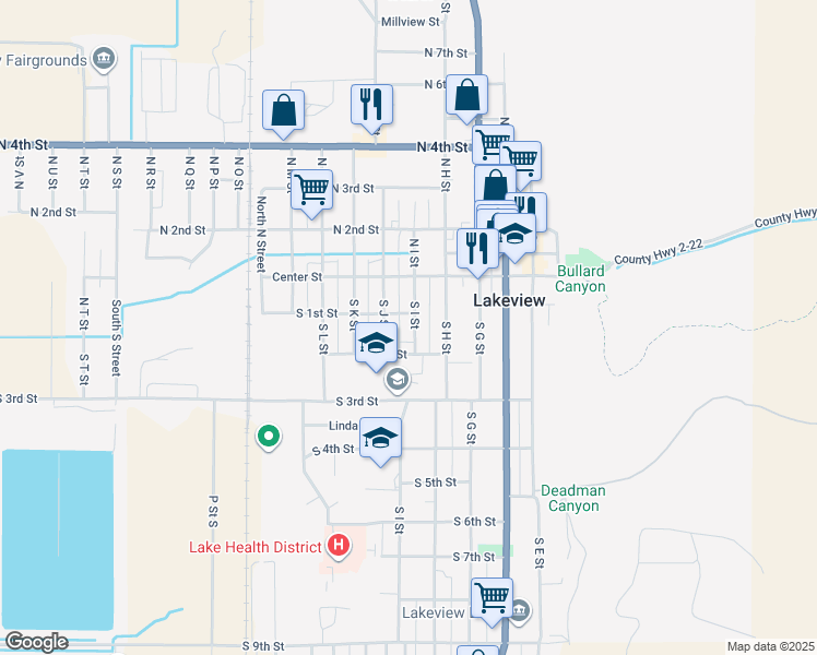 map of restaurants, bars, coffee shops, grocery stores, and more near 157 S I St in Lakeview