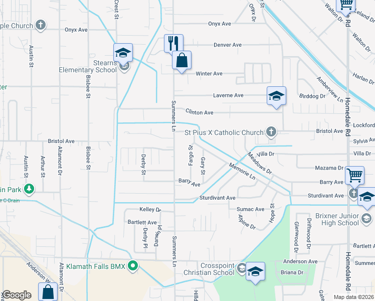 map of restaurants, bars, coffee shops, grocery stores, and more near 4237 Summers Lane in Klamath Falls