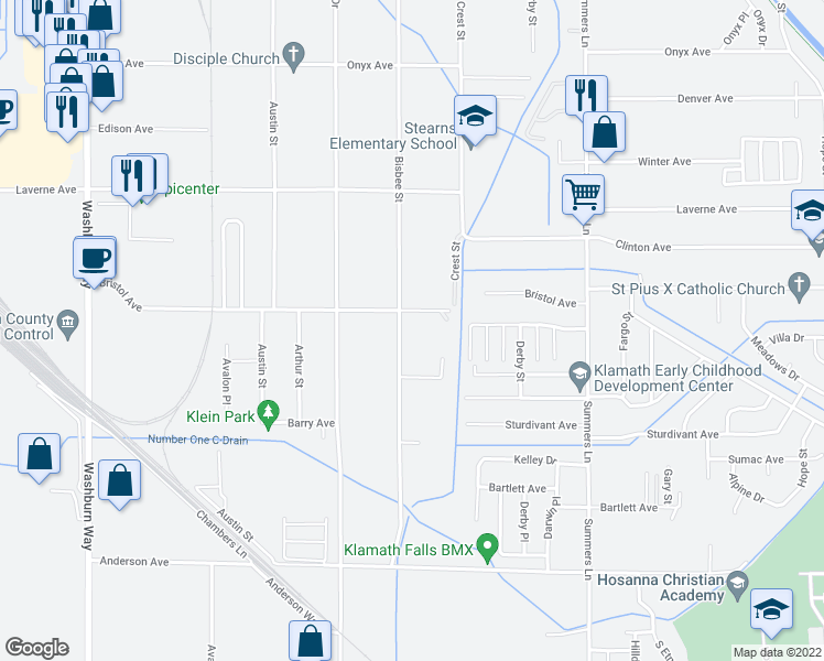 map of restaurants, bars, coffee shops, grocery stores, and more near 4249 Bisbee Street in Klamath Falls