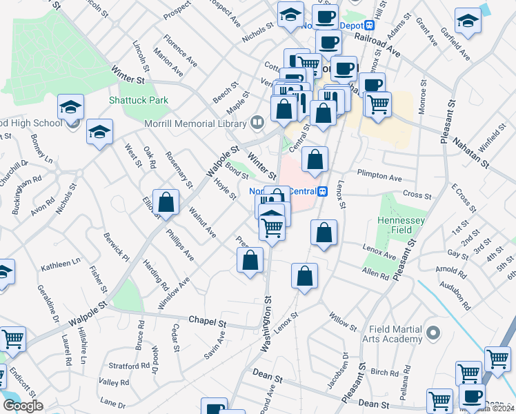 map of restaurants, bars, coffee shops, grocery stores, and more near 68 Hoyle Street in Norwood