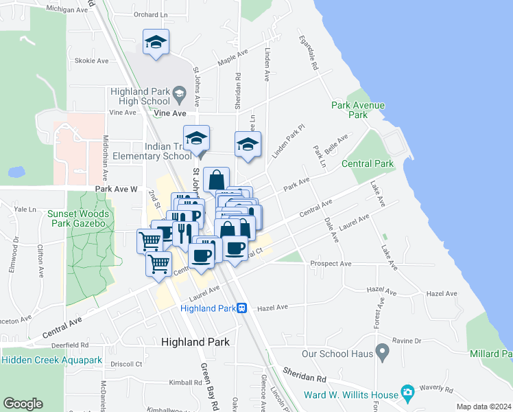 map of restaurants, bars, coffee shops, grocery stores, and more near 392 Park Avenue in Highland Park