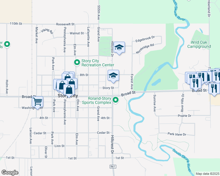 map of restaurants, bars, coffee shops, grocery stores, and more near 1009 Story Street in Story City