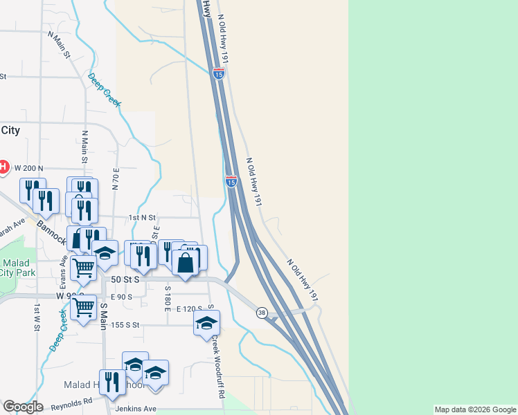 map of restaurants, bars, coffee shops, grocery stores, and more near 185 North Old Highway 191 in Malad City
