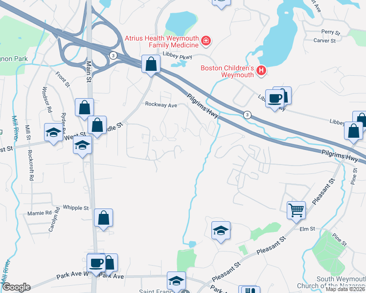 map of restaurants, bars, coffee shops, grocery stores, and more near 96 Old Quarry Drive in Weymouth