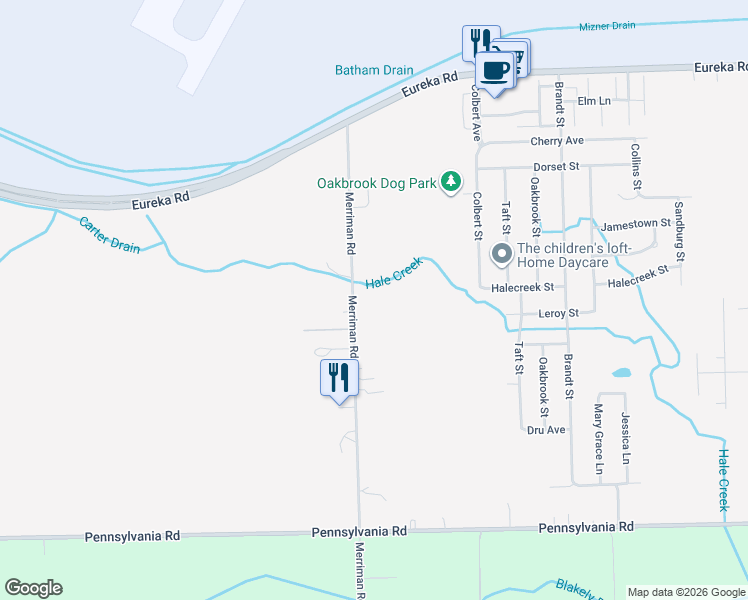 map of restaurants, bars, coffee shops, grocery stores, and more near 15715 Merriman Road in Romulus