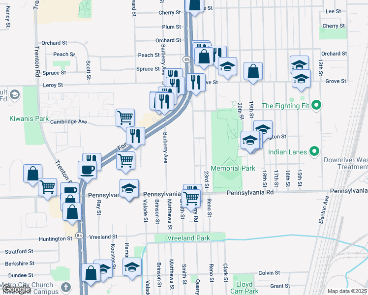 map of restaurants, bars, coffee shops, grocery stores, and more near 16500 Quarry Road in Southgate