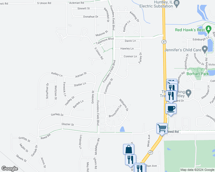 map of restaurants, bars, coffee shops, grocery stores, and more near 9744 Cummings Street in Huntley