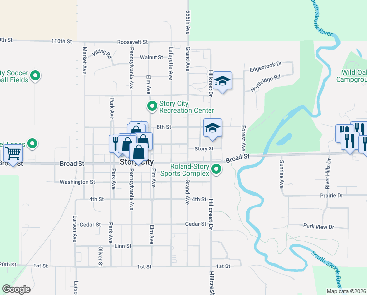 map of restaurants, bars, coffee shops, grocery stores, and more near 609 Grand Avenue in Story City