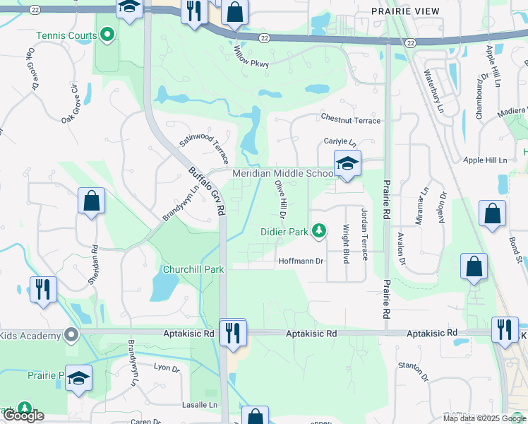 map of restaurants, bars, coffee shops, grocery stores, and more near 266 Saddle Court in Buffalo Grove
