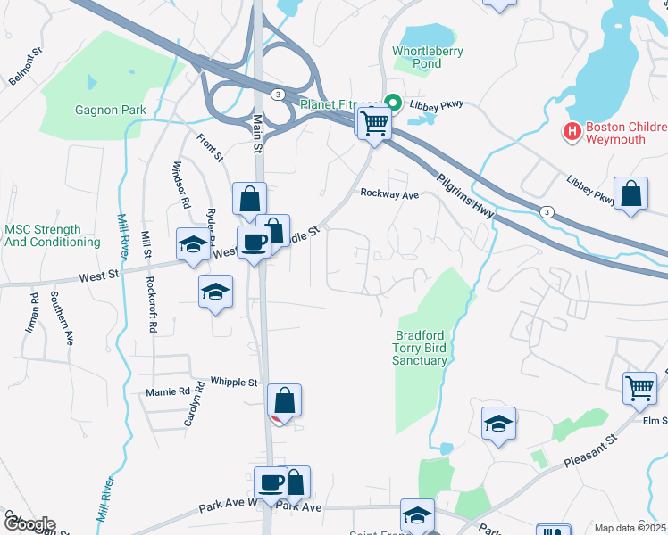map of restaurants, bars, coffee shops, grocery stores, and more near 80 Mediterranean Drive in Weymouth