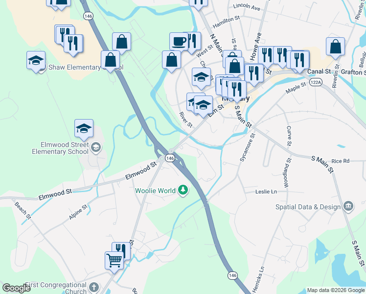 map of restaurants, bars, coffee shops, grocery stores, and more near 12A B Elm Court in Millbury