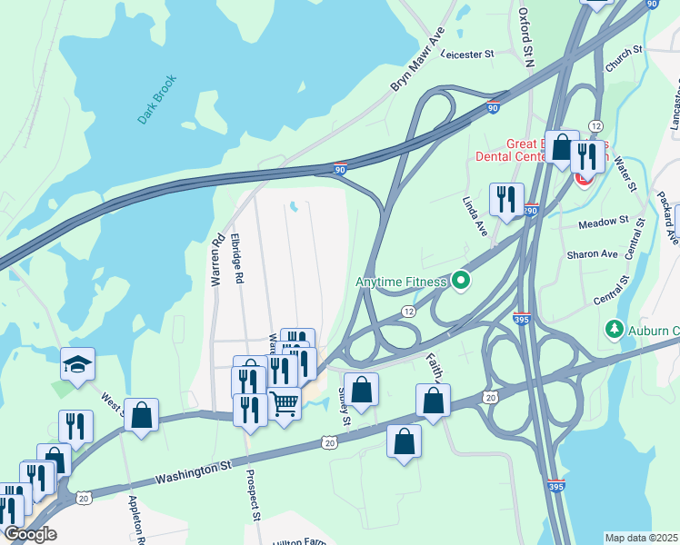 map of restaurants, bars, coffee shops, grocery stores, and more near 11 Midstate Drive in Auburn