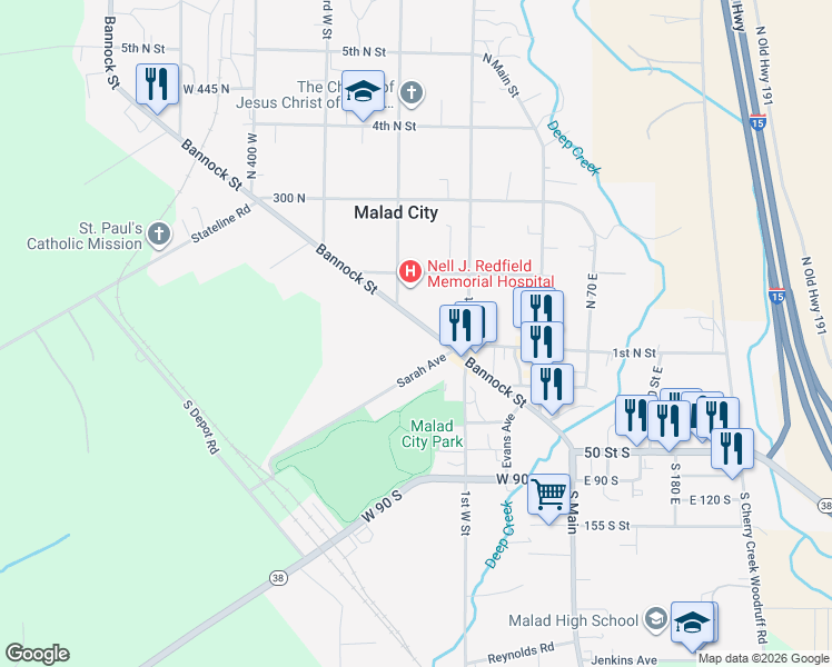 map of restaurants, bars, coffee shops, grocery stores, and more near 157 Bannock Street in Malad City