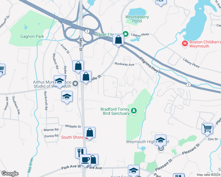map of restaurants, bars, coffee shops, grocery stores, and more near 32 Mediterranean Drive in Weymouth