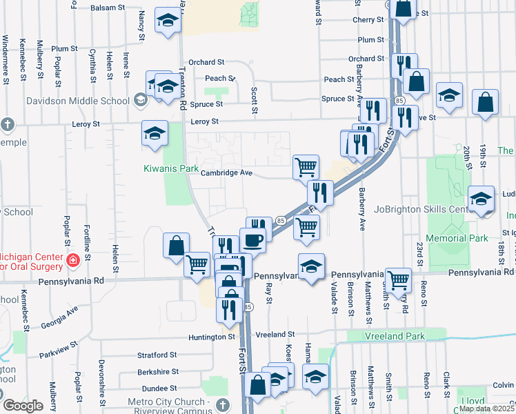 map of restaurants, bars, coffee shops, grocery stores, and more near 16700 Fort Street in Southgate