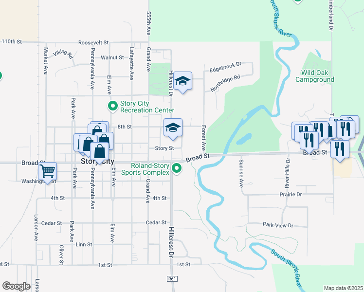 map of restaurants, bars, coffee shops, grocery stores, and more near Grove Avenue in Story City
