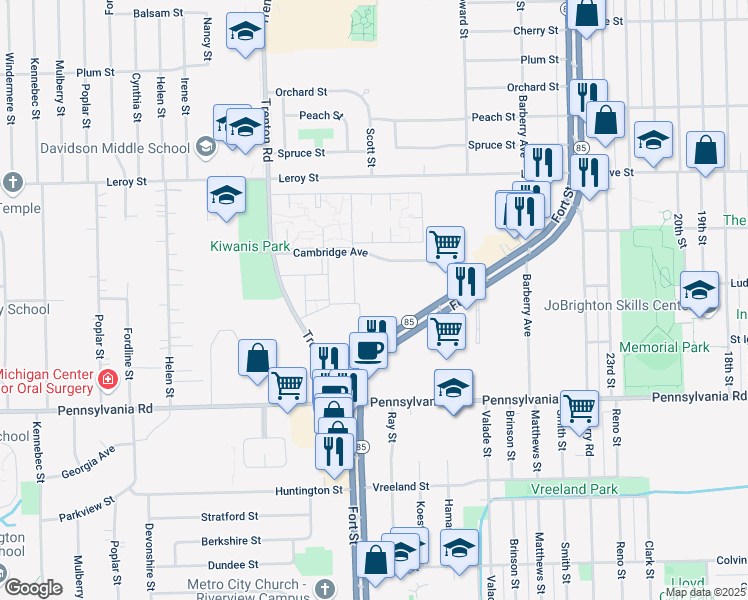 map of restaurants, bars, coffee shops, grocery stores, and more near 16700-16776 Fort St in Southgate