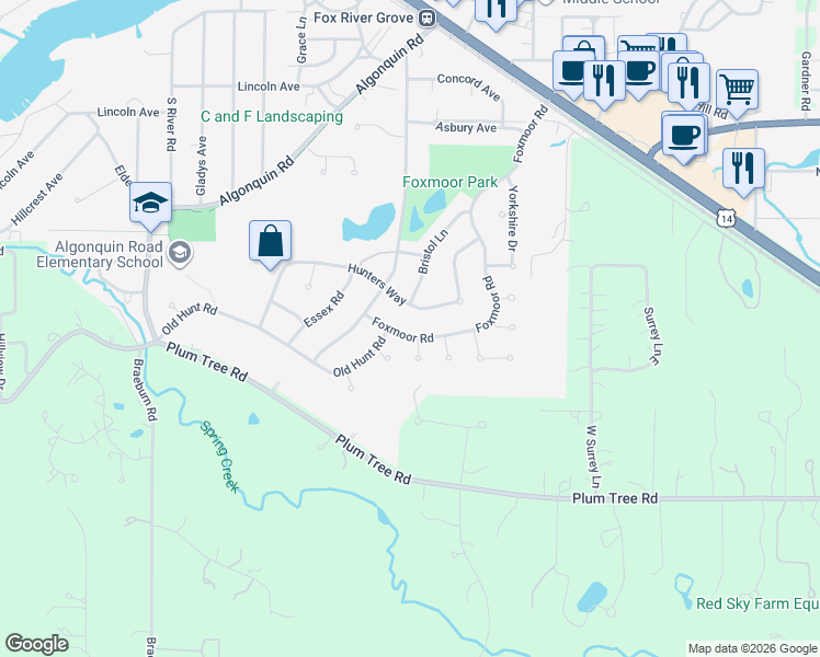 map of restaurants, bars, coffee shops, grocery stores, and more near 24 Ashcroft Court in Fox River Grove
