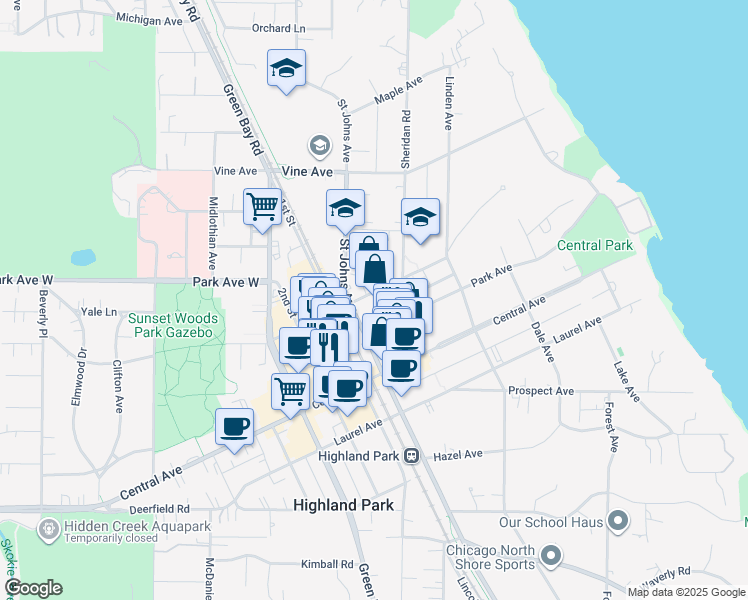 map of restaurants, bars, coffee shops, grocery stores, and more near 1921 Saint Johns Avenue in Highland Park