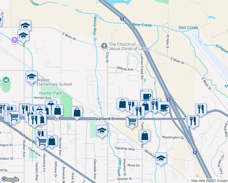 map of restaurants, bars, coffee shops, grocery stores, and more near 101 Villard Street in Ashland