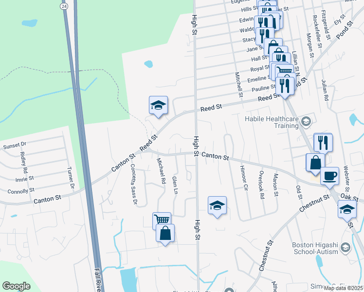 map of restaurants, bars, coffee shops, grocery stores, and more near 140 Canton Street in Randolph