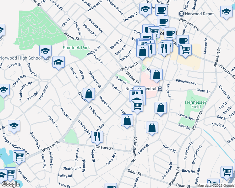 map of restaurants, bars, coffee shops, grocery stores, and more near 51 Winslow Avenue in Norwood