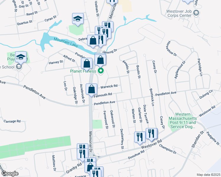 map of restaurants, bars, coffee shops, grocery stores, and more near 75 Falmouth Road in Chicopee
