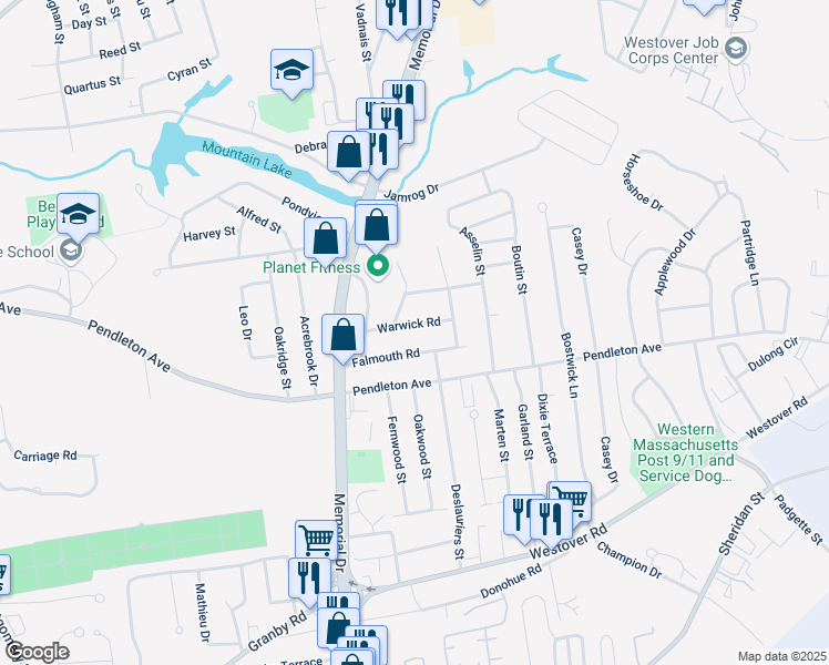 map of restaurants, bars, coffee shops, grocery stores, and more near 75 Falmouth Road in Chicopee