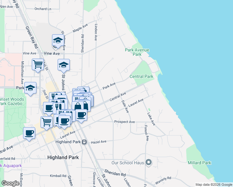 map of restaurants, bars, coffee shops, grocery stores, and more near 294 Central Avenue in Highland Park