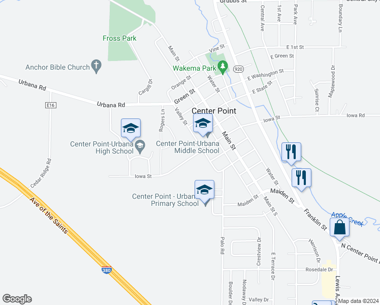 map of restaurants, bars, coffee shops, grocery stores, and more near 113 Iowa Street in Center Point