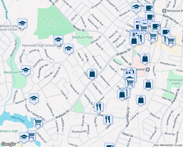 map of restaurants, bars, coffee shops, grocery stores, and more near in Norwood