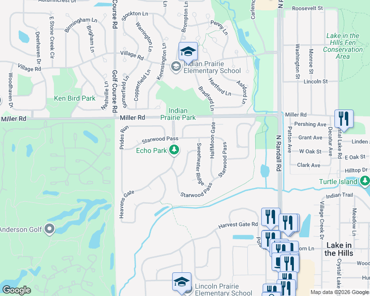 map of restaurants, bars, coffee shops, grocery stores, and more near 1183 Moonstone Run in Lake in the Hills