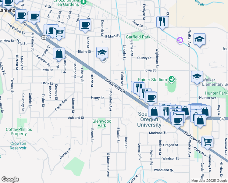 map of restaurants, bars, coffee shops, grocery stores, and more near 990 Siskiyou Boulevard in Ashland