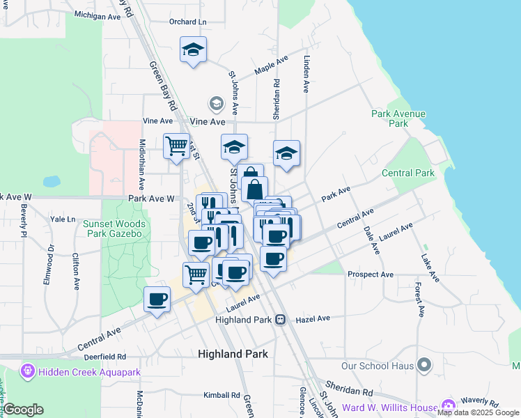 map of restaurants, bars, coffee shops, grocery stores, and more near 1988 Sheridan Road in Highland Park
