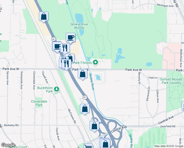 map of restaurants, bars, coffee shops, grocery stores, and more near 1250 Park Avenue West in Highland Park