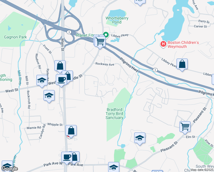 map of restaurants, bars, coffee shops, grocery stores, and more near 78 Donald Street in Weymouth