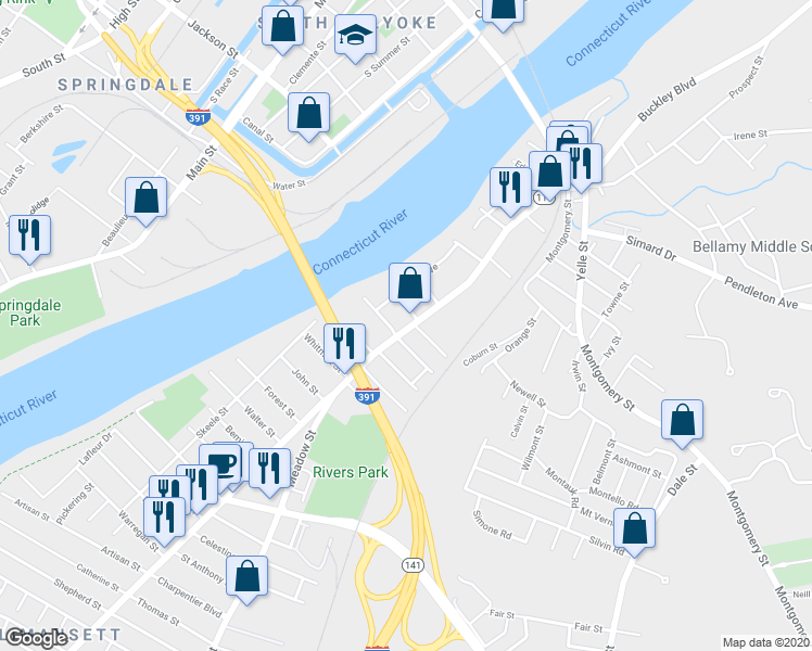 map of restaurants, bars, coffee shops, grocery stores, and more near 21 Leslie Street in Chicopee