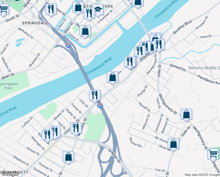 map of restaurants, bars, coffee shops, grocery stores, and more near 21 Leslie Street in Chicopee