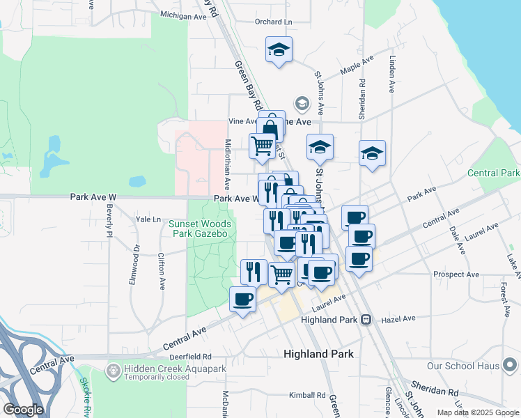 map of restaurants, bars, coffee shops, grocery stores, and more near 1970 Green Bay Road in Highland Park