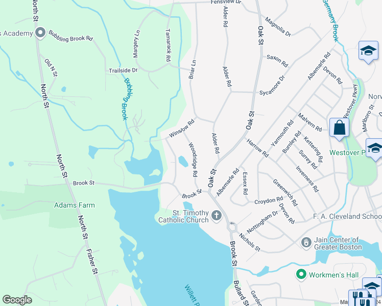 map of restaurants, bars, coffee shops, grocery stores, and more near 76 Woodridge Road in Westwood