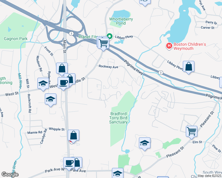 map of restaurants, bars, coffee shops, grocery stores, and more near 80 Donald Street in Weymouth