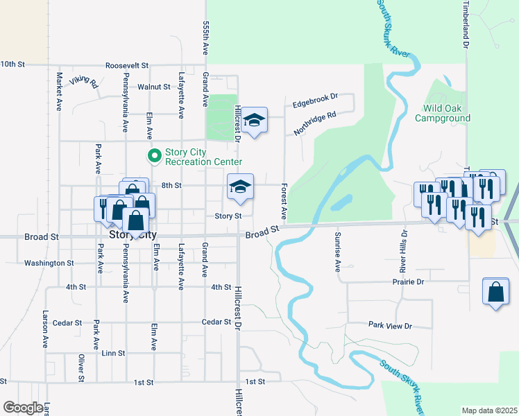 map of restaurants, bars, coffee shops, grocery stores, and more near Grove Avenue in Story City