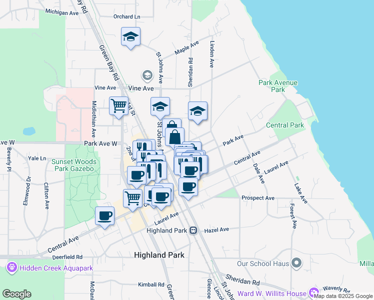 map of restaurants, bars, coffee shops, grocery stores, and more near 1988 Sheridan Road in Highland Park