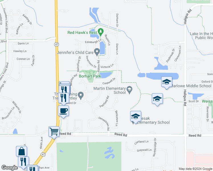 map of restaurants, bars, coffee shops, grocery stores, and more near 9699 Fairfield Road in Huntley